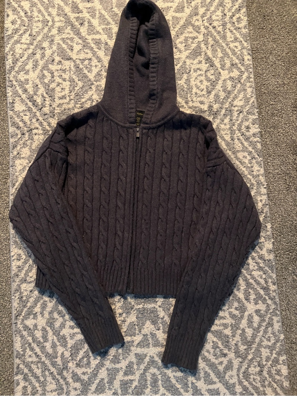 House of Harlow Cropped Hooded Cable-Knit Zip Sweater - Dark Grey